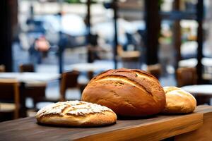 Some Sourdough bread at the served at the table. photo