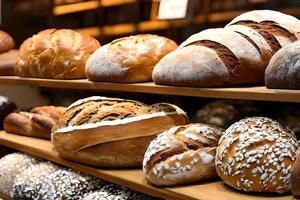 Various bread selling at the display bakery shop shelf. photo