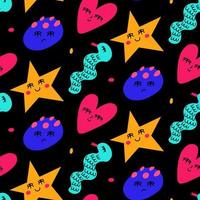 Seamless pattern with abstract doodle shapes. Childrens drawings of hearts, stars and monsters. Background, wallpaper, wrapping, textile template. vector