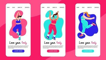 Attractive overweight women with armpit hair. Happy body positive and love yourself concept. Landing page or web banner for phone. vector