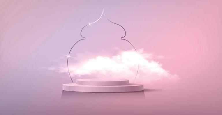 Luxury Islamic Podium with gold traditional islamic window with fluffy cloud. 3D Horizontal Arabic Banner for product showcase, Product presentation, cosmetic, base, ramadan sales, pink background