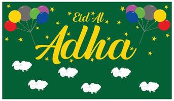 Illustration of a green background with text, balloons and clouds. Design congratulations celebrating Eid al-Adha with a green background. Suitable for use in Eid al-Qurban designs vector