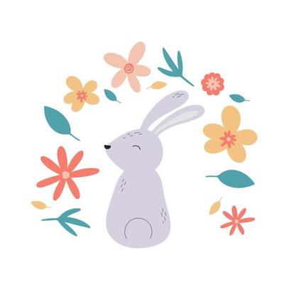 Cute rabbit with flowers and herbs