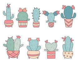 Vintage cactus in pot set vector