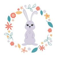 Bunny in floral round frame vector