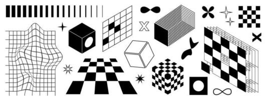 Retro futuristic objects. Vector illustration of perspective grids, distortions, three-dimensional geometric shapes and signs.