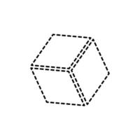 Icon of three dimensional cube. Linear dotted drawing of square in perspective. Vector illustration of simple geometric square shape.