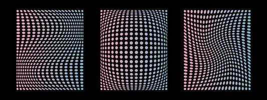 Abstract geometric distortions. Futuristic dot shapes. Trendy rave luminous retro gradient. Vector illustration of grid. Pink and blue colors of 90s style.