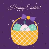 Wicker basket with bow filled with easter eggs. Vector illustration of Easter greeting card with plant elements. Holiday text design.
