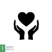 Hand heart glyph icon. Simple solid style. Wellbeing, health care, support, life, save, love, give, charity concept. Black silhouette symbol. Vector illustration isolated on white background. EPS 10.