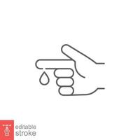 Blood on finger line icon. Vector people hand injured isolated symbol. Glucose, insulin test, diabetes concept. Simple outline style. Sign illustration on white background. Editable stroke EPS 10.