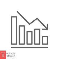 Graph down, reduce progress line icon. Simple outline style efficiency decrease graphic, finance chart, abstract graph, trend vector illustration. Arrow below, bankrupt. Editable stroke EPS 10.