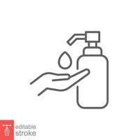 Hand sanitizer icon, line style. Washing hand with sanitizer liquid soap. Vector illustration. Design on white background. Editable stroke EPS 10.