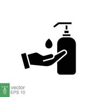 Hand sanitizer icon, solid style. Washing hand with sanitizer liquid soap. Black silhouette symbol. Vector illustration design isolated on white background. EPS 10.