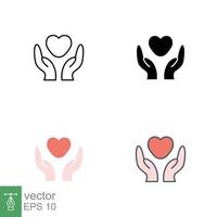 mano corazón icono en diferente estilo. línea, sólido, departamento, lleno contorno estilo. tenencia, pictograma, cuidado, gráfico, vida, salud, ahorrar, amar, dar, caridad concepto. vector ilustración aislado. eps 10