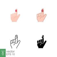 Blood on finger icons in different style. Vector people hand injured isolated symbol. Glucose, insulin test, diabetes concept. Designed in filled outline, line, flat, glyph and solid style. EPS 10.