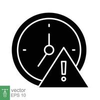 expiración icono. sencillo sólido estilo para web y aplicación alerta, alarma, reloj circular con exclamación marca concepto. negro silueta, glifo símbolo. vector ilustración aislado en blanco antecedentes. eps 10