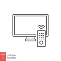 TV and remote icon. Simple outline style for web template and app. Television, control, channel, technology concept. Thin line vector illustration design on white background. Editable stroke EPS 10.