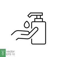 Hand sanitizer icon, line style. Washing hand with sanitizer liquid soap. Vector illustration. Design on white background. EPS 10.