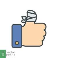 Hurt hand, bandage finger icon. Simple filled outline style. Like, thumb up gesture, injured, unavailable concept. Vector illustration isolated on white background. EPS 10.