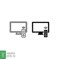 TV and remote icon set. Simple outline and solid style. Television, control, channel, technology concept. Black thin line, silhouette, glyph vector illustration design on white background. EPS 10.