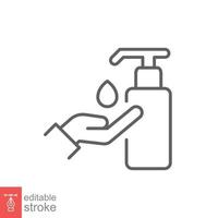 Hand sanitizer icon, line style. Washing hand with sanitizer liquid soap. Vector illustration. Design on white background. Editable stroke EPS 10.