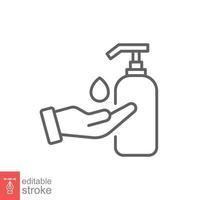 Hand sanitizer icon, line style. Washing hand with sanitizer liquid soap. Vector illustration. Design on white background. Editable stroke EPS 10.