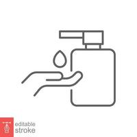 Hand sanitizer icon, line style. Washing hand with sanitizer liquid soap. Vector illustration. Design on white background. Editable stroke EPS 10.