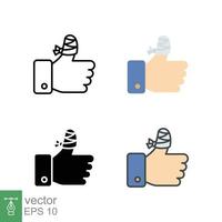 Hurt hand, bandage finger icon in different style. Outline, flat, solid, filled outline. Like, thumb up gesture, injured, unavailable concept. Vector illustration isolated on white background. EPS 10.