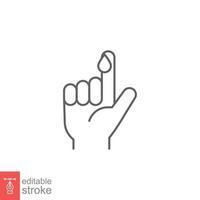 Blood on finger line icon. Vector people hand injured isolated symbol. Glucose, insulin test, diabetes concept. Simple outline style. Sign illustration on white background. Editable stroke EPS 10.