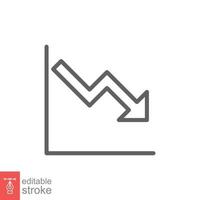 Graph down, reduce progress line icon. Simple outline style efficiency decrease graphic, finance chart, abstract graph, trend vector illustration. Arrow below, bankrupt. Editable stroke EPS 10.