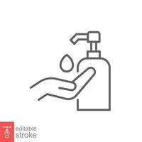 Hand sanitizer icon, line style. Washing hand with sanitizer liquid soap. Vector illustration. Design on white background. Editable stroke EPS 10.