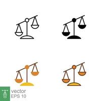 Scales icon on different style. Outline, solid, flat, filled outline. Libra, balance, comparison, compare, legal, law, justice concept. Vector illustration isolated on white background. EPS 10.