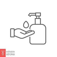 Hand sanitizer icon, line style. Washing hand with sanitizer liquid soap. Vector illustration. Design on white background. Editable stroke EPS 10.