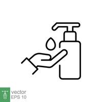 Hand sanitizer icon, line style. Washing hand with sanitizer liquid soap. Vector illustration. Design on white background. EPS 10.