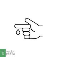 Blood on finger line icon. Vector people hand injured isolated symbol. Glucose, insulin test, diabetes concept. Simple outline style. Sign illustration on white background. EPS 10.