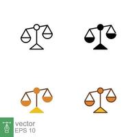 Scales icon on different style. Outline, solid, flat, filled outline. Libra, balance, comparison, compare, legal, law, justice concept. Vector illustration isolated on white background. EPS 10.