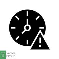 expiración icono. sencillo sólido estilo para web y aplicación alerta, alarma, reloj circular con exclamación marca concepto. negro silueta, glifo símbolo. vector ilustración aislado en blanco antecedentes. eps 10