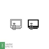 televisión y remoto icono colocar. sencillo contorno y sólido estilo. televisión, control, canal, tecnología concepto. negro Delgado línea, silueta, glifo vector ilustración diseño en blanco antecedentes. eps 10