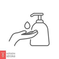 Hand sanitizer icon, line style. Washing hand with sanitizer liquid soap. Vector illustration. Design on white background. Editable stroke EPS 10.