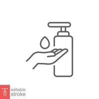 Hand sanitizer icon, line style. Washing hand with sanitizer liquid soap. Vector illustration. Design on white background. Editable stroke EPS 10.