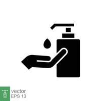 Hand sanitizer icon, solid style. Washing hand with sanitizer liquid soap. Black silhouette symbol. Vector illustration design isolated on white background. EPS 10.