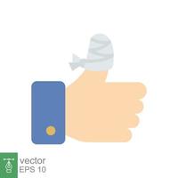 Hurt hand, bandage finger icon. Simple flat style. Like, thumb up gesture, injured, unavailable concept. Vector illustration isolated on white background. EPS 10.