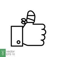 Hurt hand, bandage finger line icon. Simple outline style. Like, thumb up gesture, injured, unavailable concept. Vector illustration isolated on white background. EPS 10.