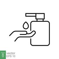 Hand sanitizer icon, line style. Washing hand with sanitizer liquid soap. Vector illustration. Design on white background. EPS 10.