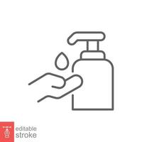 Hand sanitizer icon, line style. Washing hand with sanitizer liquid soap. Vector illustration. Design on white background. Editable stroke EPS 10.