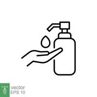 Hand sanitizer icon, line style. Washing hand with sanitizer liquid soap. Vector illustration. Design on white background. EPS 10.