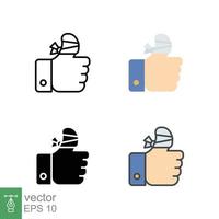 Hurt hand, bandage finger icon in different style. Outline, flat, solid, filled outline. Like, thumb up gesture, injured, unavailable concept. Vector illustration isolated on white background. EPS 10.