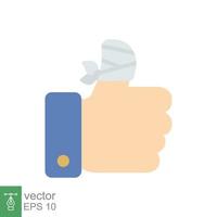 Hurt hand, bandage finger icon. Simple flat style. Like, thumb up gesture, injured, unavailable concept. Vector illustration isolated on white background. EPS 10.