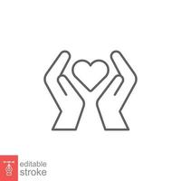 Hand heart line icon. Simple outline style. Wellbeing, health care, support, life, save, love, give, charity concept. Vector illustration isolated on white background. Editable stroke EPS 10.